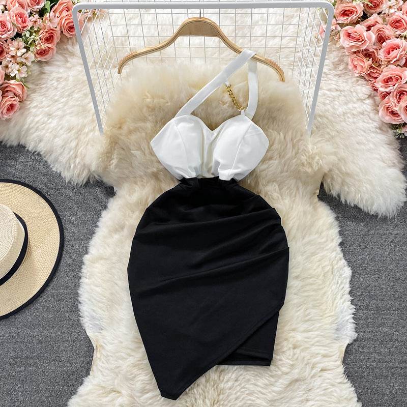 One Shoulder Slip Dress Temperament Irregular Dress - Mubimart