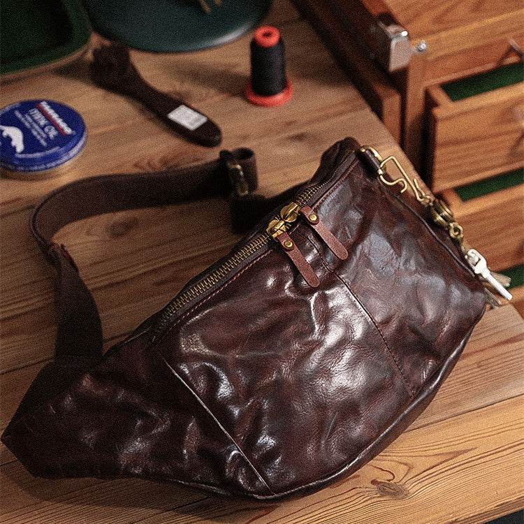 Mens Fashion Vintage Leather Waist Bag - Mubimart