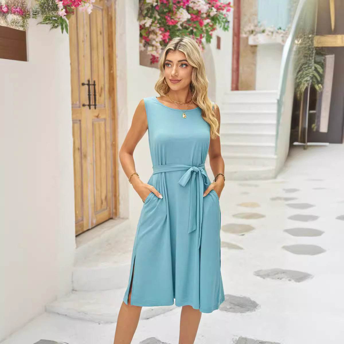 Summer Sleeveless Dress With Pockets Waist Lace-up Slits Dresses Fashion Womens Clothing - Mubimart