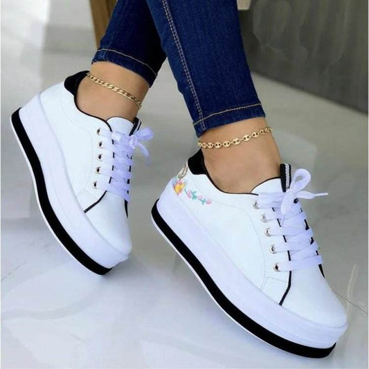 Flowers Embroidery Sneakers For Women Platform Shoes - Mubimart