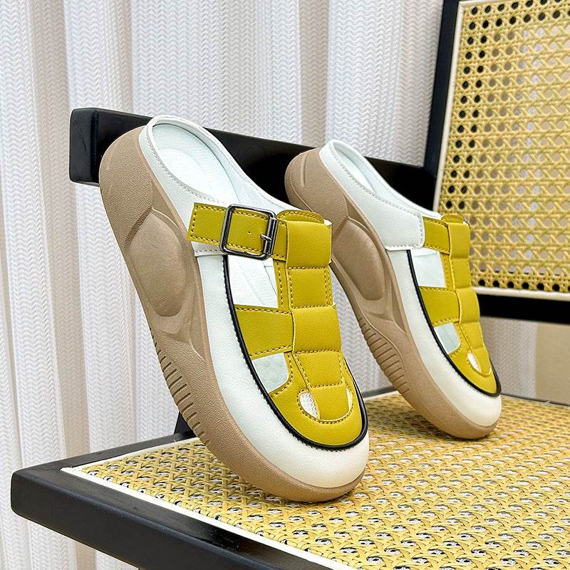Thick-soled Closed-toe Slippers Summer Outdoor Garden Hollow Buckle Slide Sandals Casual Beach Shoes - Mubimart