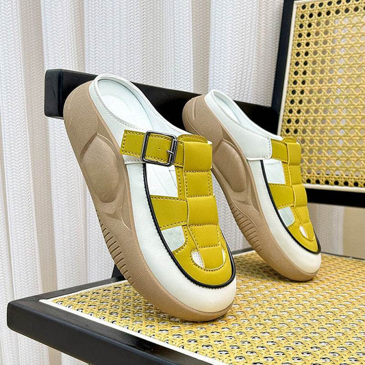 Thick-soled Closed-toe Slippers Summer Outdoor Garden Hollow Buckle Slide Sandals Casual Beach Shoes - Mubimart
