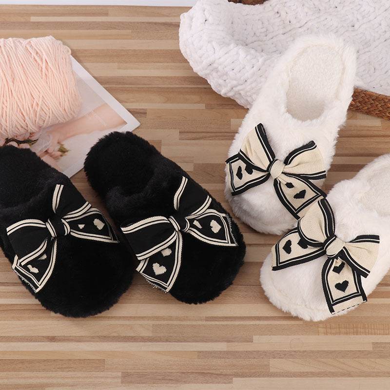 Ins Bow Slippers Home Fashion Warm Non-slip Floor Bedroom Slipper For Women House Shoes - Mubimart