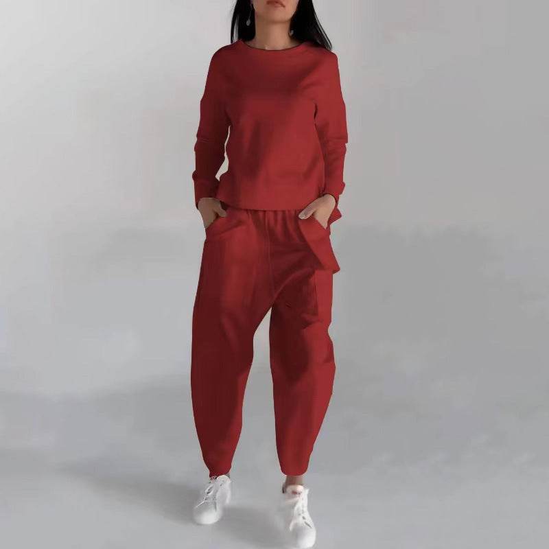 Solid Color Fashion Sweatshirt Long Sleeve Back Slit Top With Pockets Loose Trousers Women's Clothing - Mubimart