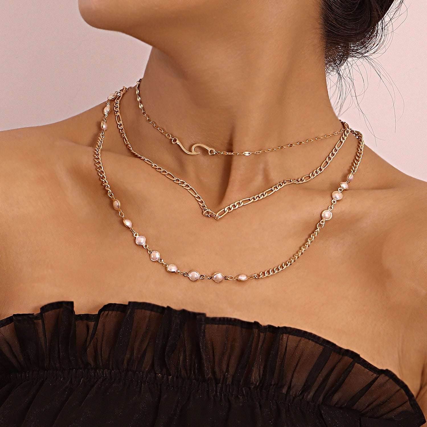 Multilayer Pearl Thin Chain Necklace Women - Mubimart