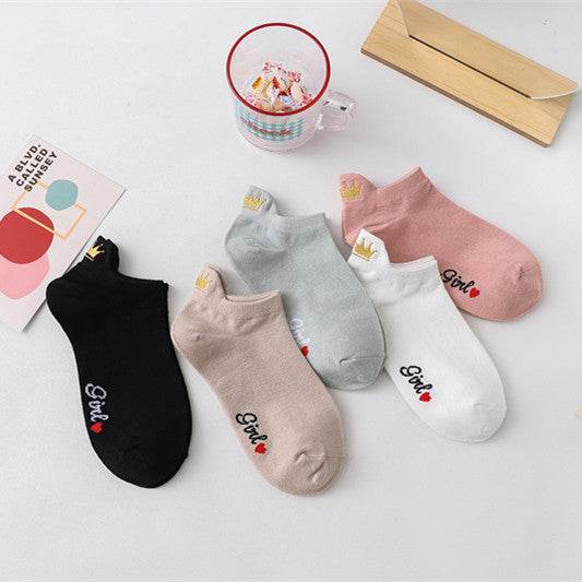 Women's Heel Crown Embroidered Combed Cotton Low Top Low Cut Socks Boat Socks - Mubimart
