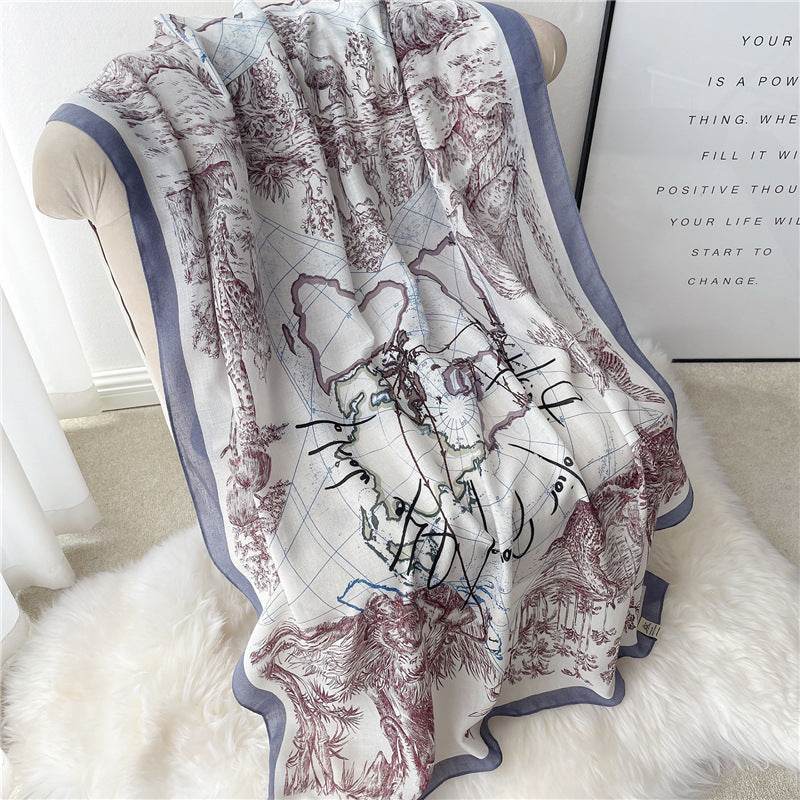 New Cotton And Linen Scarf National Style Long Large Size Shawl Thin Autumn And Winter Scarf Women's Simple Line Map Pattern - Mubimart