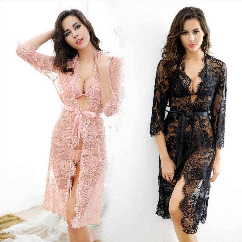 Women's Plus Size Lace Long Sleeve Nightgown Nightdress Set - Mubimart