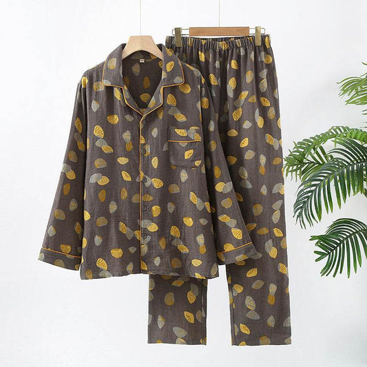Pure Cotton Double-layer Sheer Men's Long Sleeved Jacquard Pajama Set - Mubimart