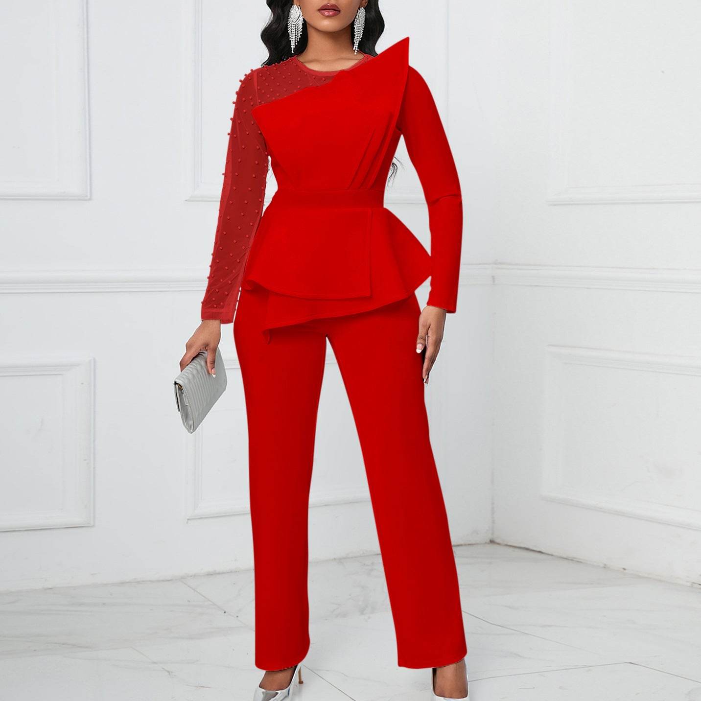 Long Sleeve Mesh Splicing Beads Banquet Plus Size Jumpsuit - Mubimart