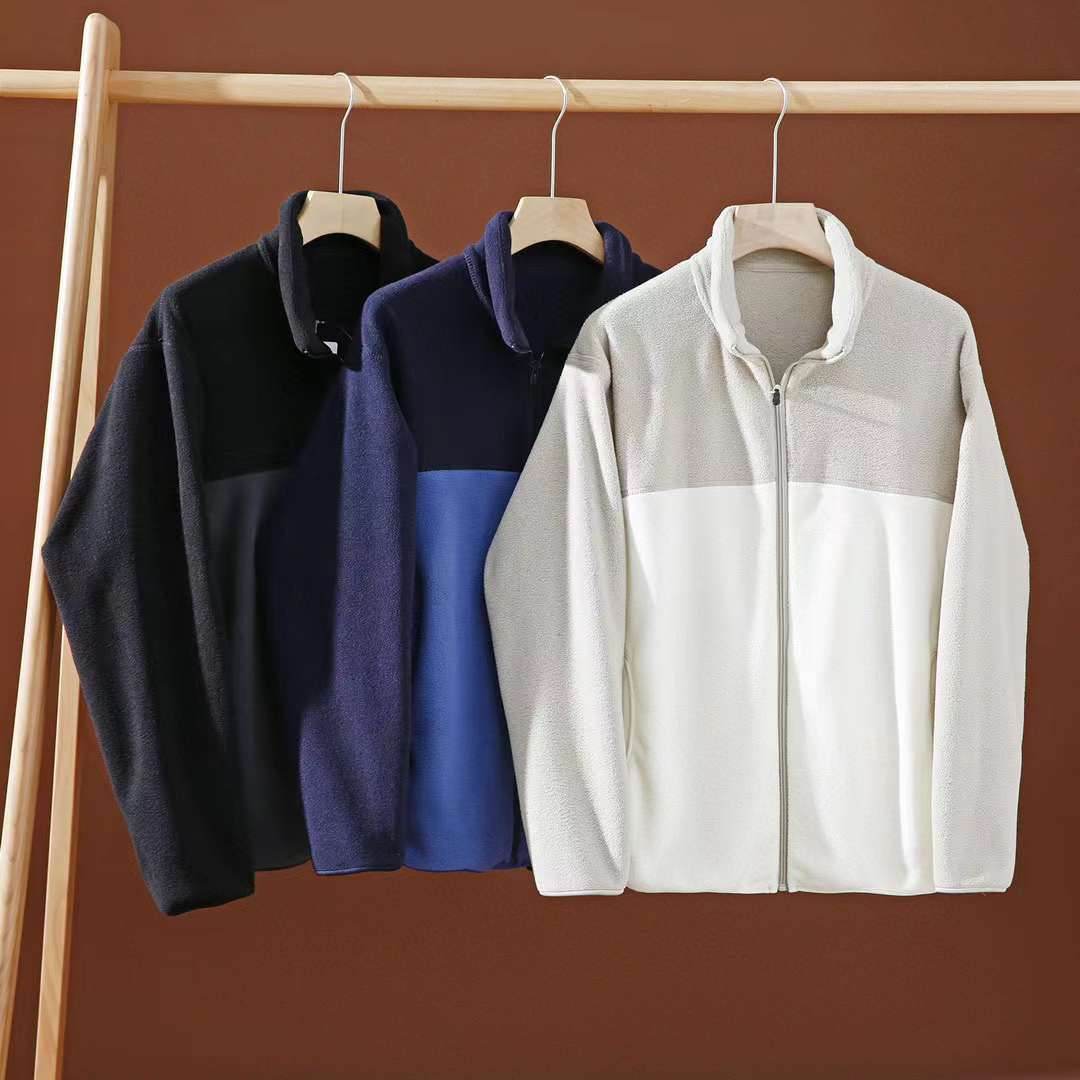 Polar Fleece Zipper Jacket Jacket Fleece Sweater Coat Color Contrast Patchwork - Mubimart