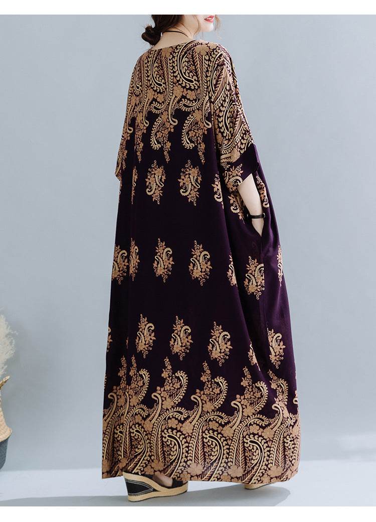 Spring Ethnic Style Plus Size Women's Cotton Silk Robe Loose Dress - Mubimart