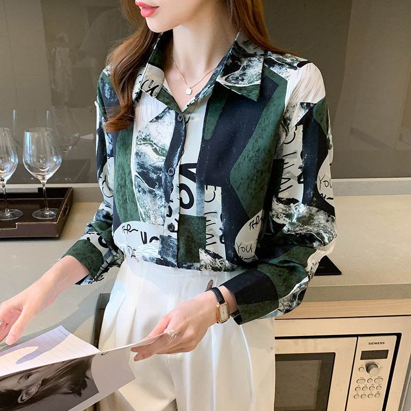Printed Long-sleeved Shirt Women Loose Design Blouse - Mubimart