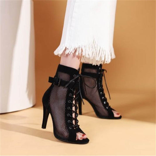 Stylish Peep Toe Hollow Mesh Cross Lace-up Buckle Dance High Heels - Mubimart