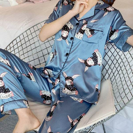 Short Sleeve Long Pants Loungewear Set - Mubimart