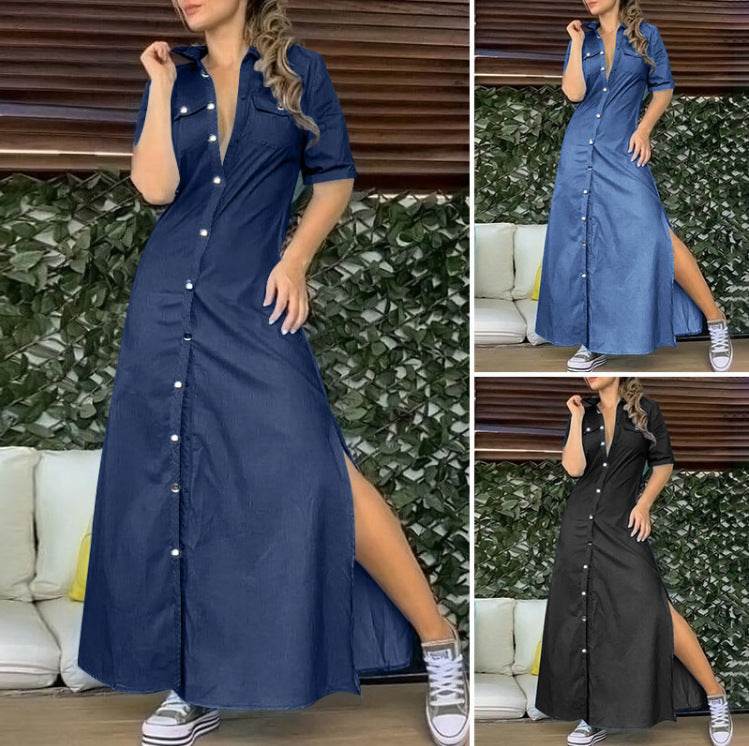 Women's Solid Color Button Denim Plus Size Long Dress - Mubimart