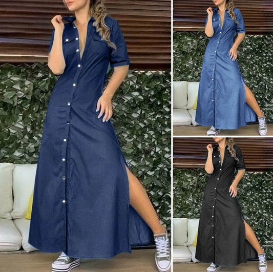 Women's Solid Color Button Denim Plus Size Long Dress - Mubimart