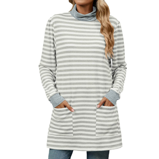 Fashion Striped Print Long Sweatshirt With Pocket Loose Long Sleeve Pullover T-shirt Top For Womens Clothing - Mubimart