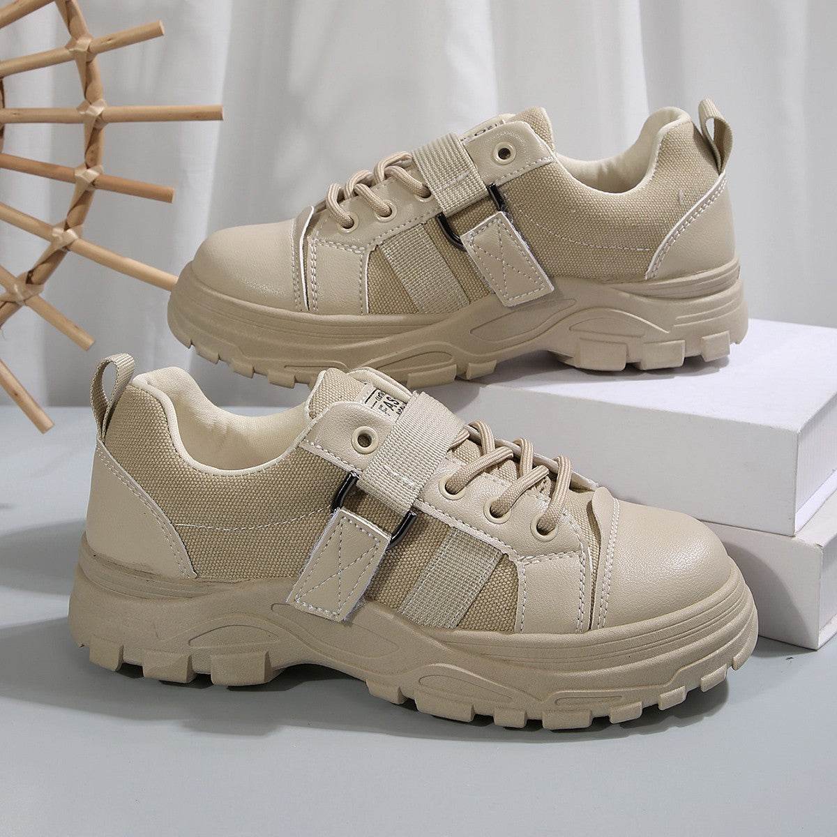 Lace-up Canvas Shoes With Hook Design Fashion Breathable Thick-soled Round-toe Casual Shoes For Women Sneakers - Mubimart