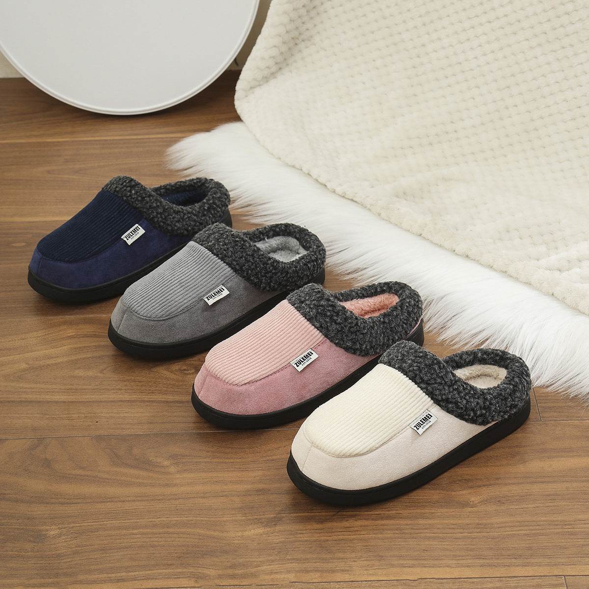 Fashion Solid Striped Cotton Slippers Winter Warm Indoor Bedroom Floor Slipper For Couples Non-slip Thick Sole House Shoes - Mubimart