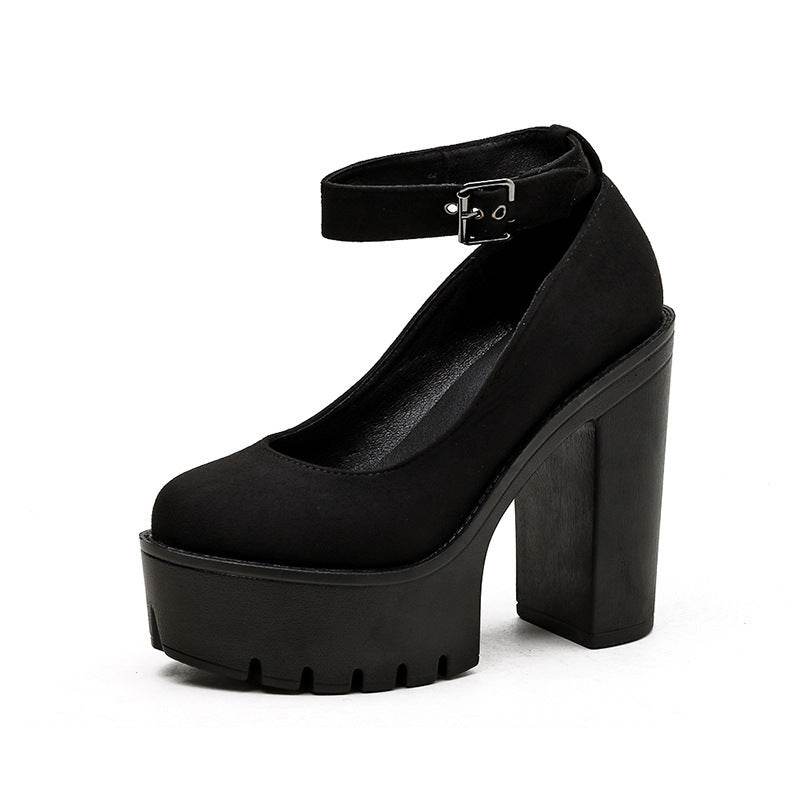 Black Platform Belt Buckle Chunky High Heels - Mubimart