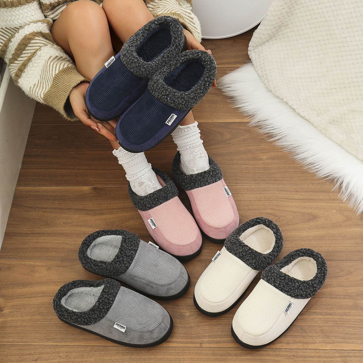 Fashion Solid Striped Cotton Slippers Winter Warm Indoor Bedroom Floor Slipper For Couples Non-slip Thick Sole House Shoes - Mubimart