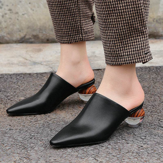 Simple Closed Toe Sandals Pointed-toe Mules Shoes Crystal Thick Heel - Mubimart