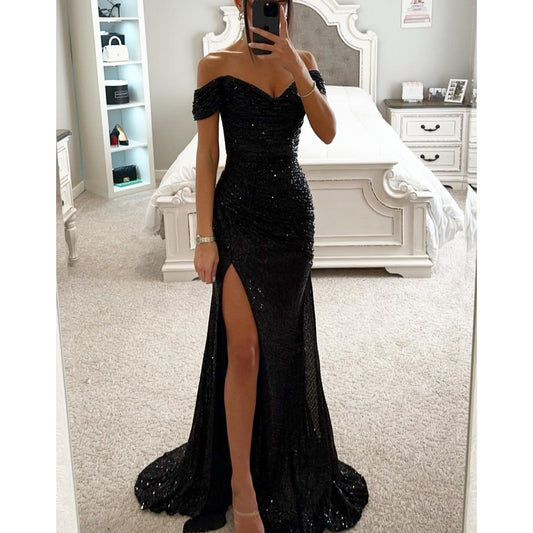 Party Sequins Off-neck Split Dress INS Casual Fashion Dress Women Charming Slimming Dress For Women