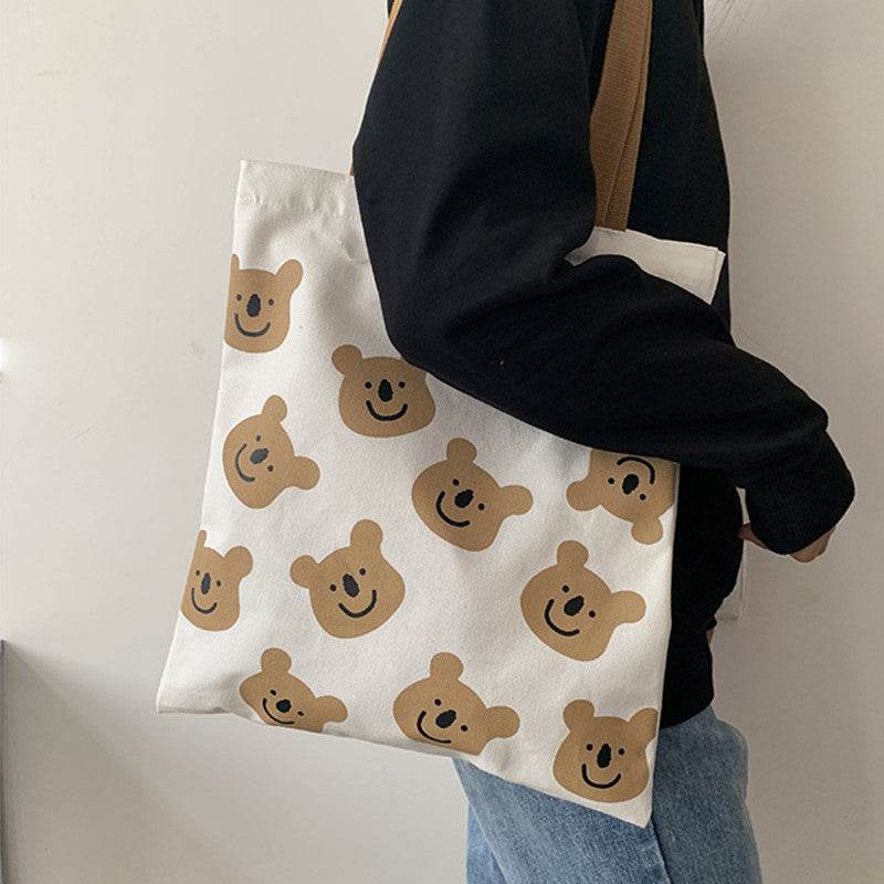 New Canvas Shoulder Shopper Bag for Women Girl Cartoon Bear White Female Handbags Cloth Shopping Bags Ladies Tote Beach Bag - Mubimart