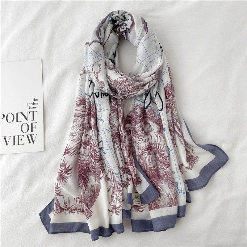 New Cotton And Linen Scarf National Style Long Large Size Shawl Thin Autumn And Winter Scarf Women's Simple Line Map Pattern - Mubimart