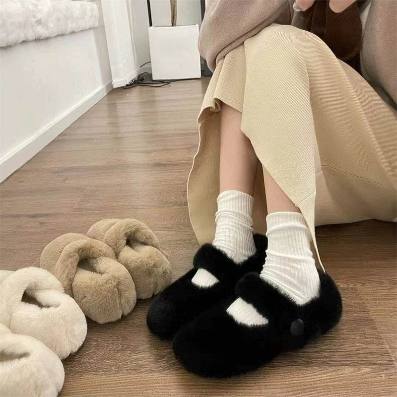 Mary Jane Fluffy Shoes Women's Winter Outerwear Flats - Mubimart