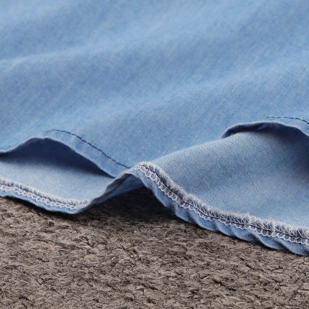 Round Neck Pleated Loose Solid Color Casual Plus Size Denim Dress - Mubimart