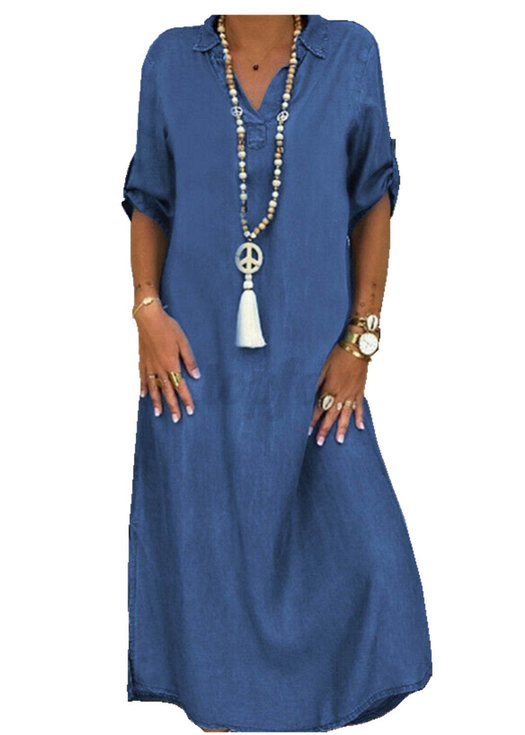 Solid Color Plus Size Dress With V-neck Denim Dress - Mubimart