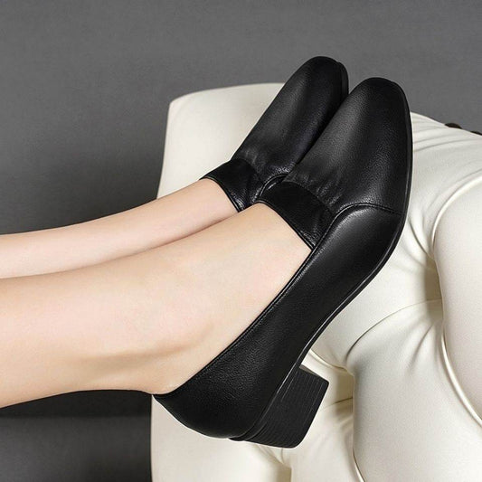 Women's Non-slip Soft Sole Thick Heel Comfortable Casual Work Leather Shoes - Mubimart