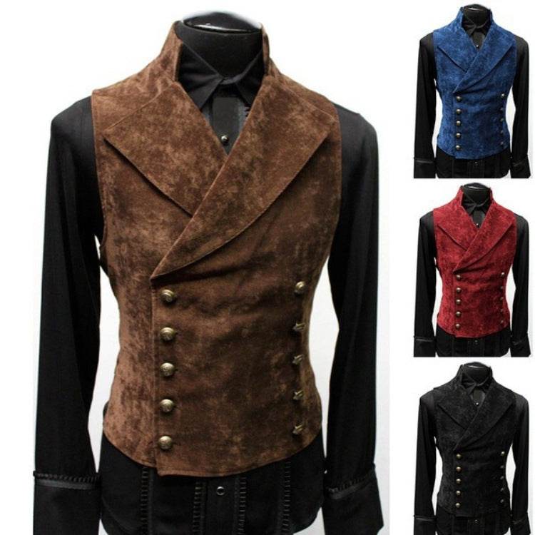 Suit Stand Collar Suede Double Breasted Vest - Mubimart
