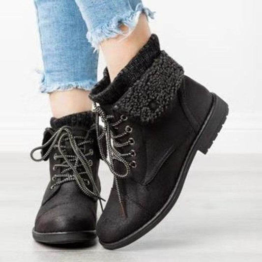 Frilled Booties With Front Lace Up And Low Heels - Mubimart