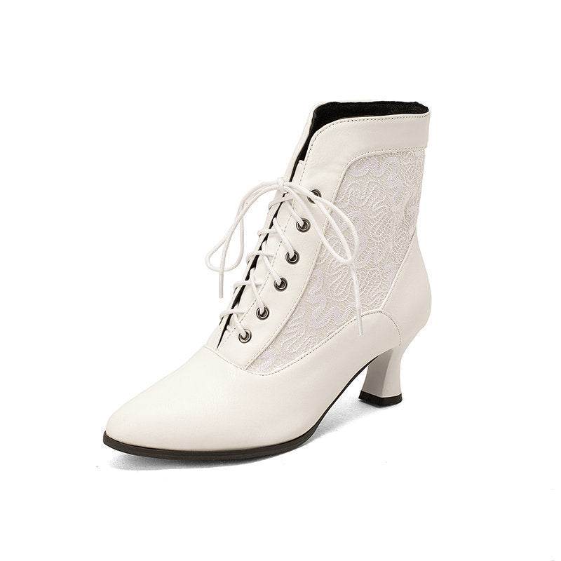 Kitten Heel Booties Women's Autumn And Winter Lace Hollow-out Front Lace-up - Mubimart