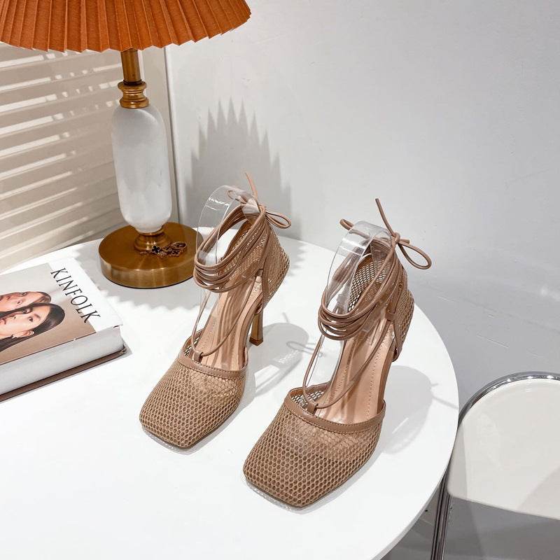 Women's Super High Heel Baotoe High Heels Square Toe Lace Up Shoes - Mubimart