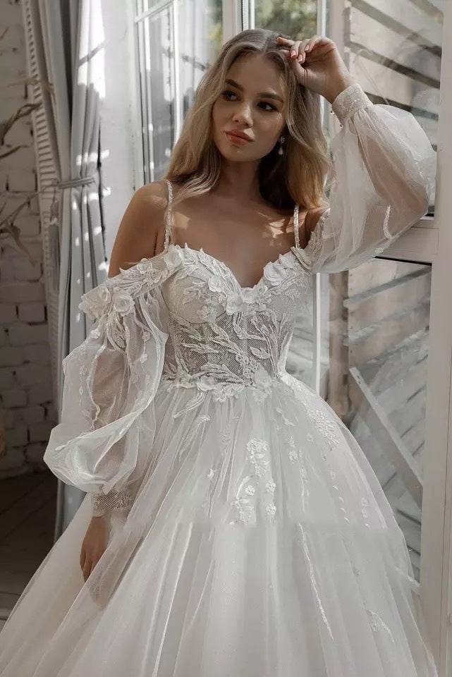 Boho Bride Gown Puff Sleeve Off Shoulder Wedding Dresses - Mubimart