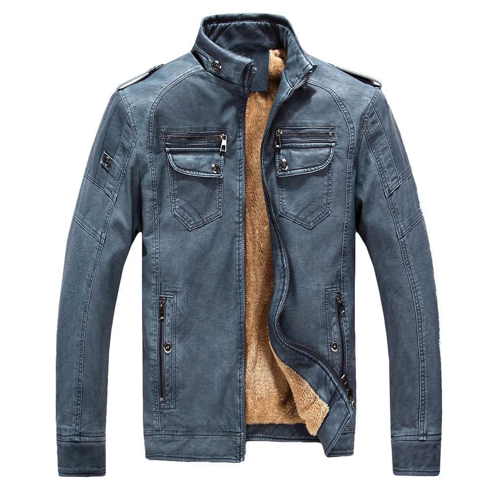 Leather Jacket Plus Velvet Washed Retro Leather Jacket - Mubimart