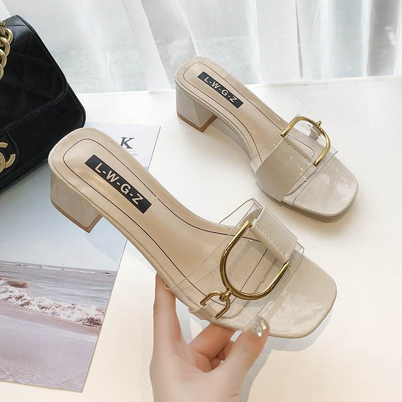 Thick Heel High Heel Slippers Women Flip Flops Women Transparent Slippers - Mubimart