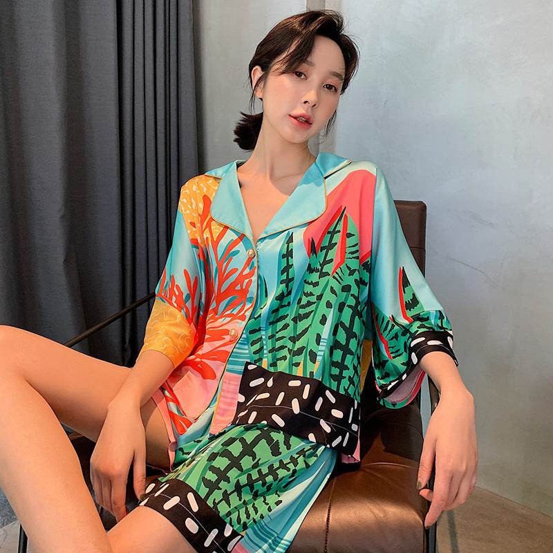 New Nightwear Women's Plant Print Pearl Button Silk Thin Style - Mubimart