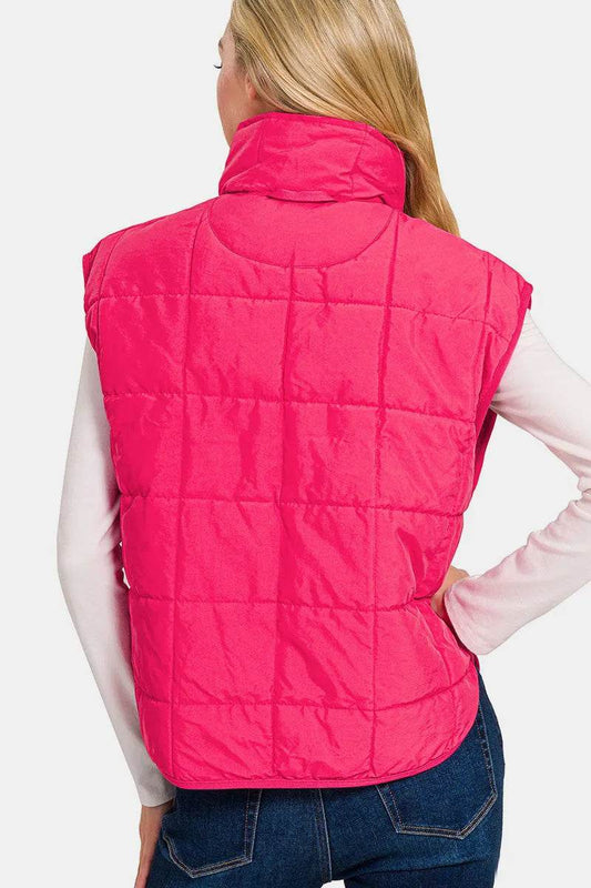 Zenana Zip Up Cropped Puffer Vest With Pockets - Mubimart