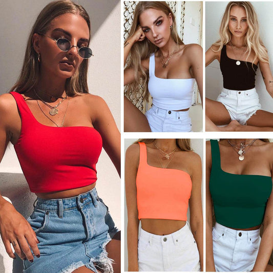 Summer Sexy One-shoulder Vest Crop Top Sleeveless T-Shirt Tank Tops Women Clothing - Mubimart
