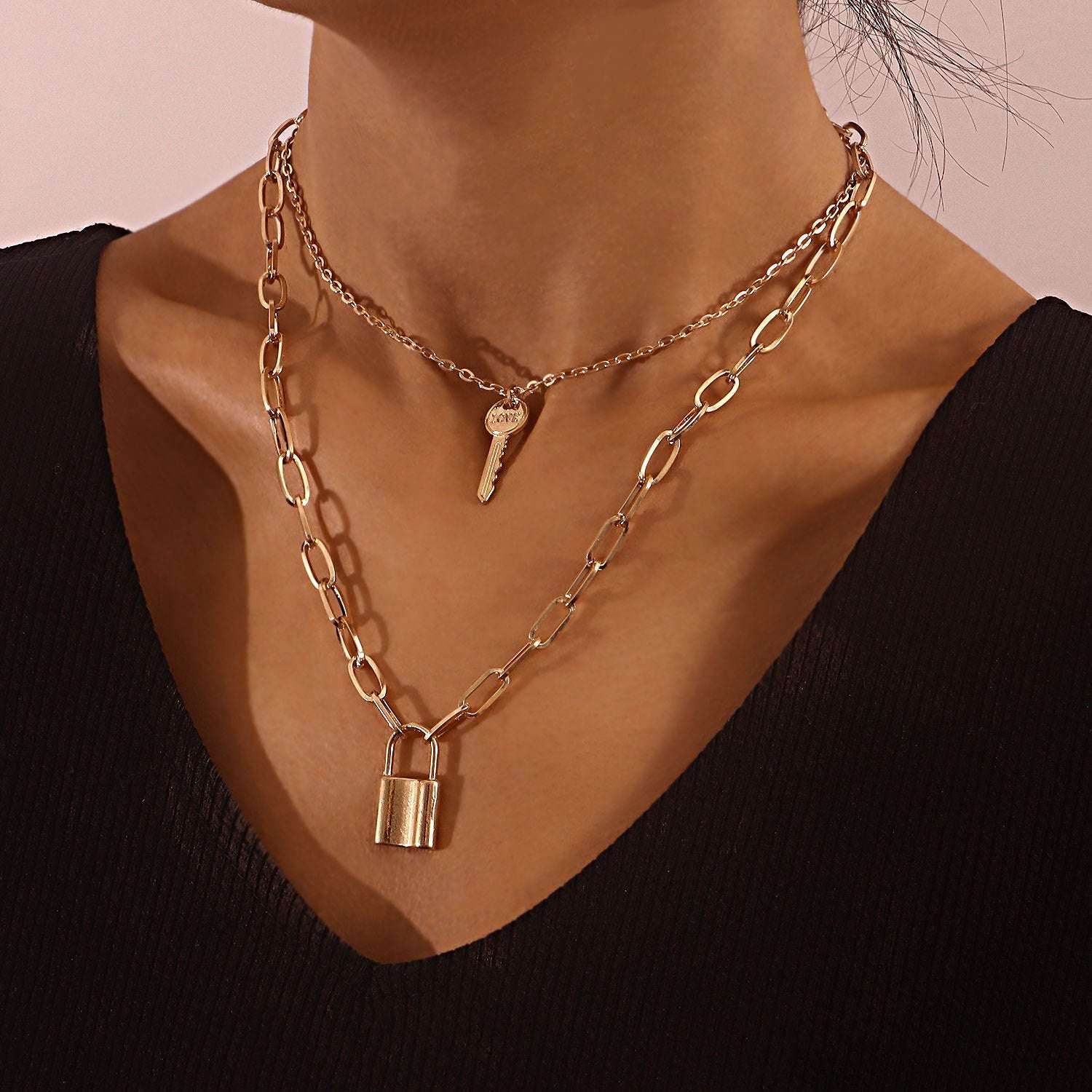 Chain Padlock Key Pendant Necklace Women - Mubimart