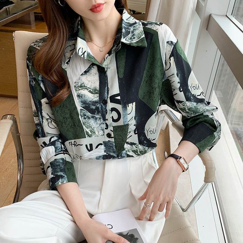 Printed Long-sleeved Shirt Women Loose Design Blouse - Mubimart