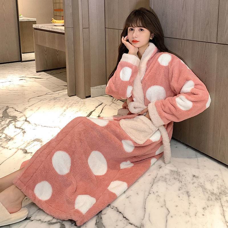 Winter Nightgown Women Coral Fleece Plus Velvet Thick Bathrobe Cute - Mubimart