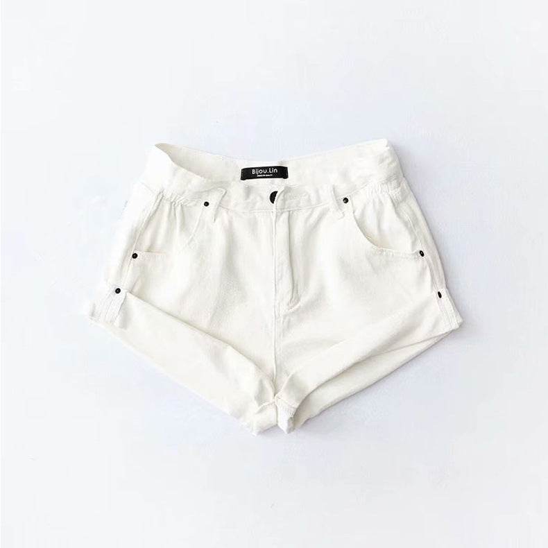 Fashion Five-color Elastic Waist Rolled Edge Denim Shorts Women - Mubimart