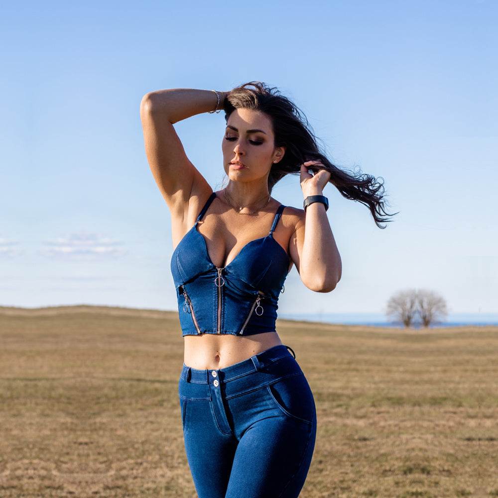 Shascullfites Women's Suit Dark Blue Bodysuit Zipper Push Up Top Middle Waist Flare Jeans Women 2 Pieces Pant Sets - Mubimart