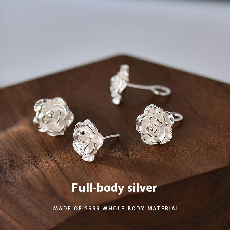 Silver Stud Earrings For Women Camellia Design Earrings - Mubimart